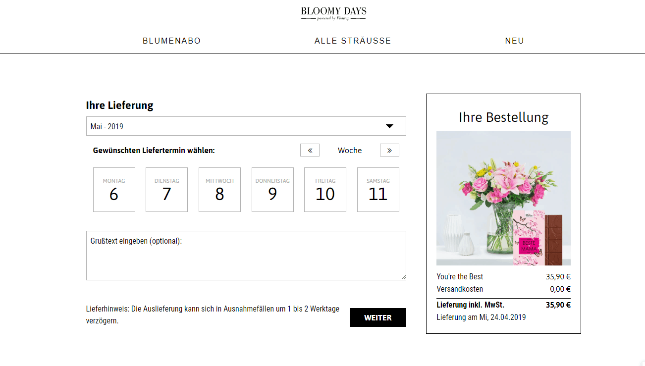 Blumen zum Muttertag – Lieferoptionen auf der Bloomy-Days-Website