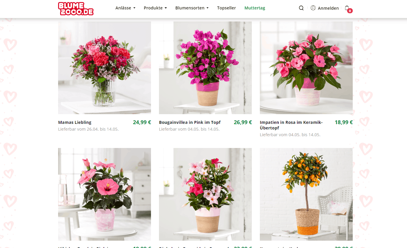 Blumen zum Muttertag – Angebotsübersicht auf der Blume-2000-Website