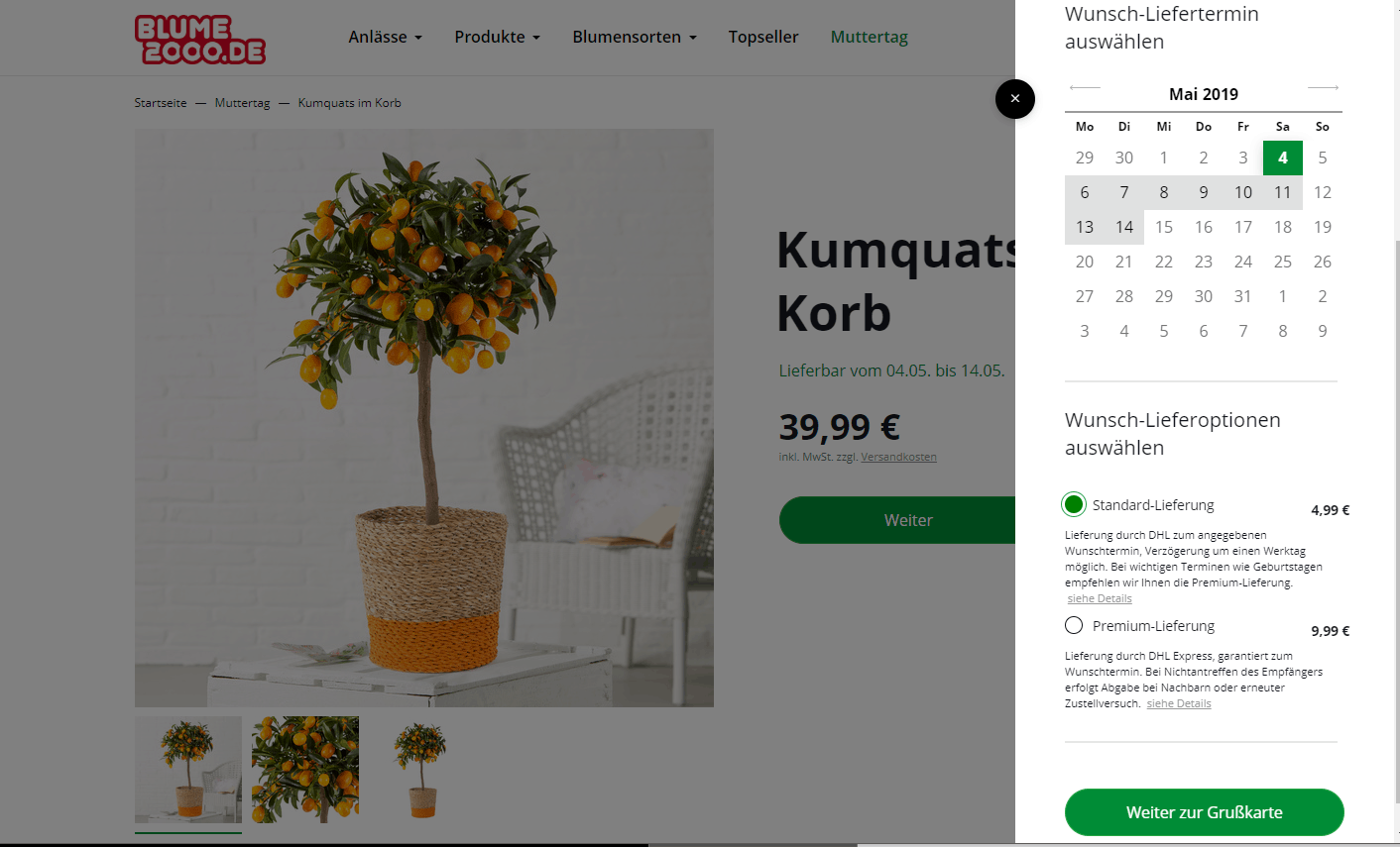 Blumen zum Muttertag – Beispielstrauß und die Lieferoptionen auf der Blume-2000-Website