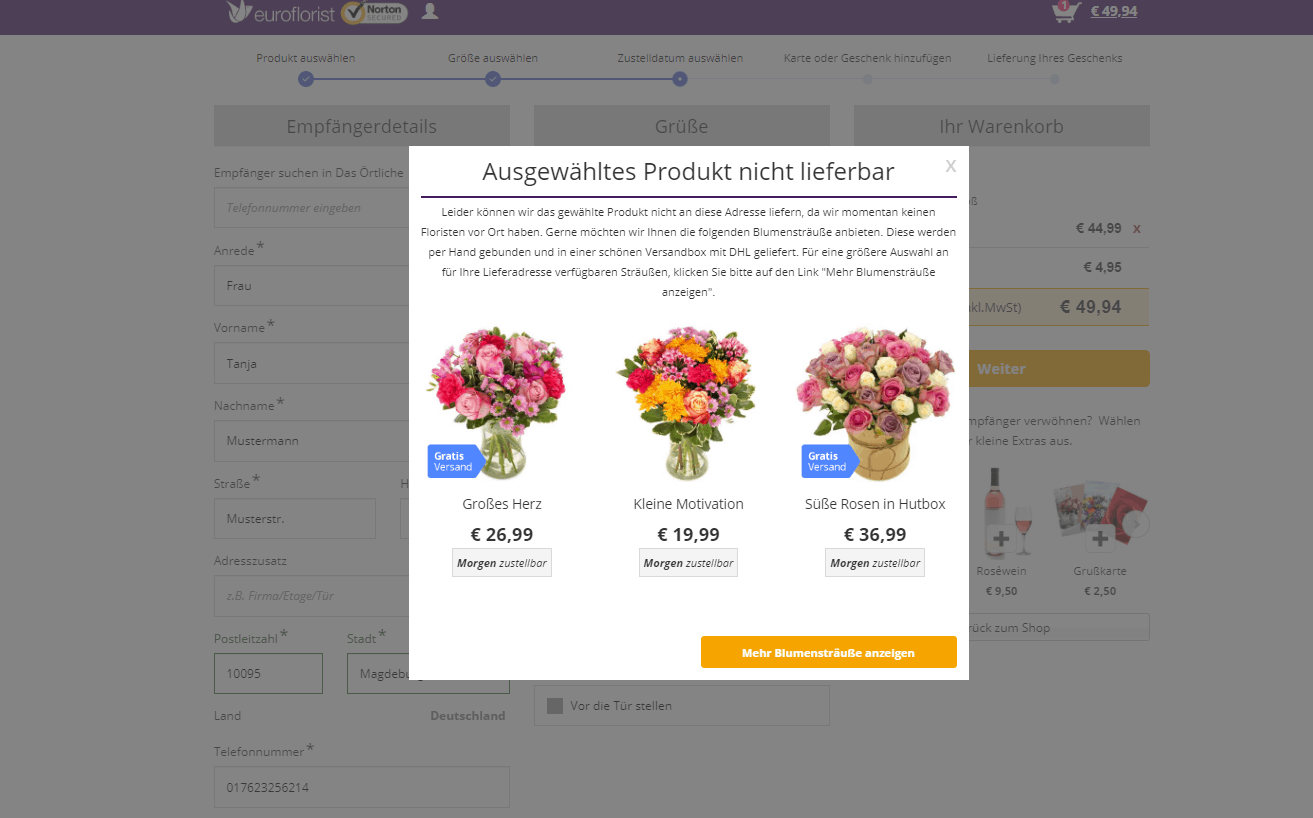 Blumen zum Muttertag – Hinweis auf Nichtlieferbarkeit in bestimmtem PLZ-Bereich