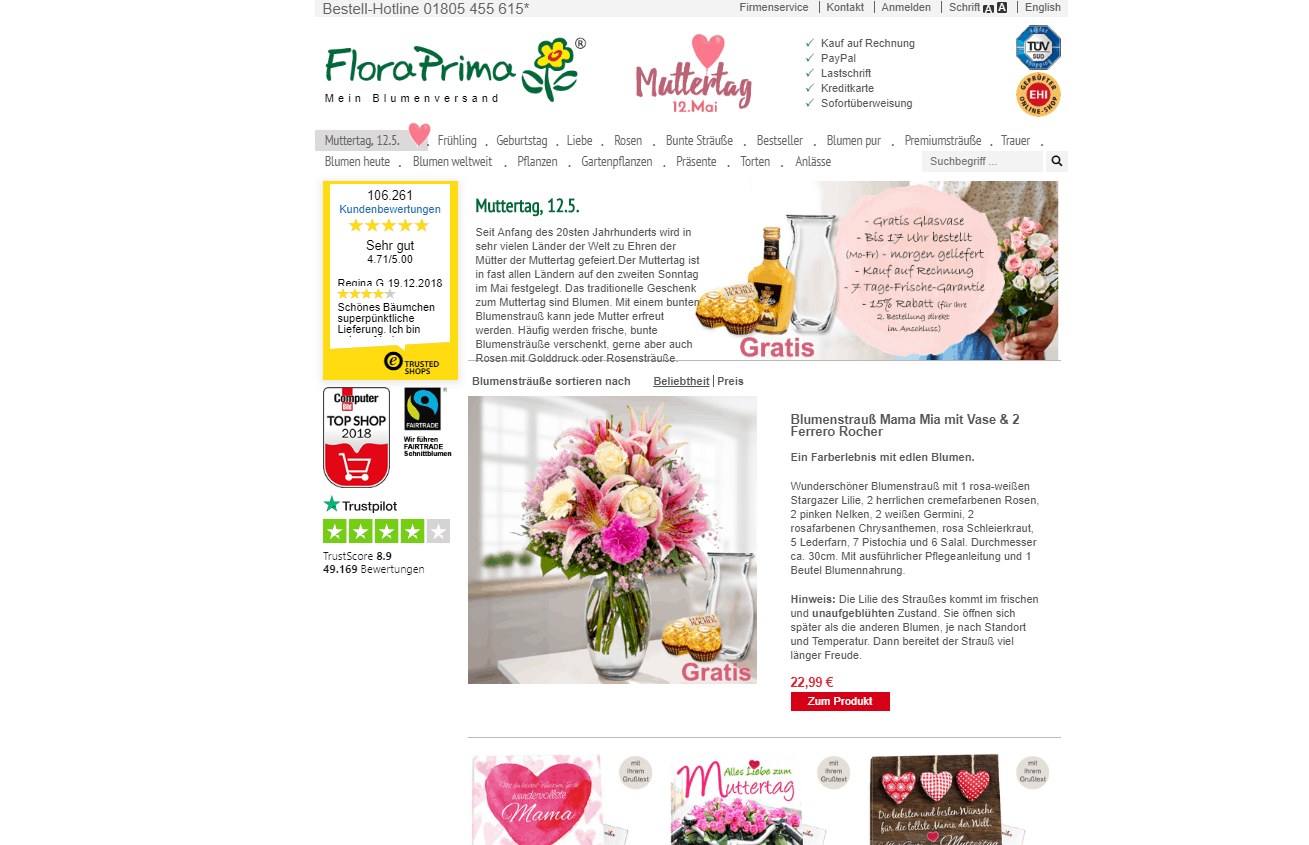 Blumen zum Muttertag – Beispielsangebot auf der FloraPrima-Website