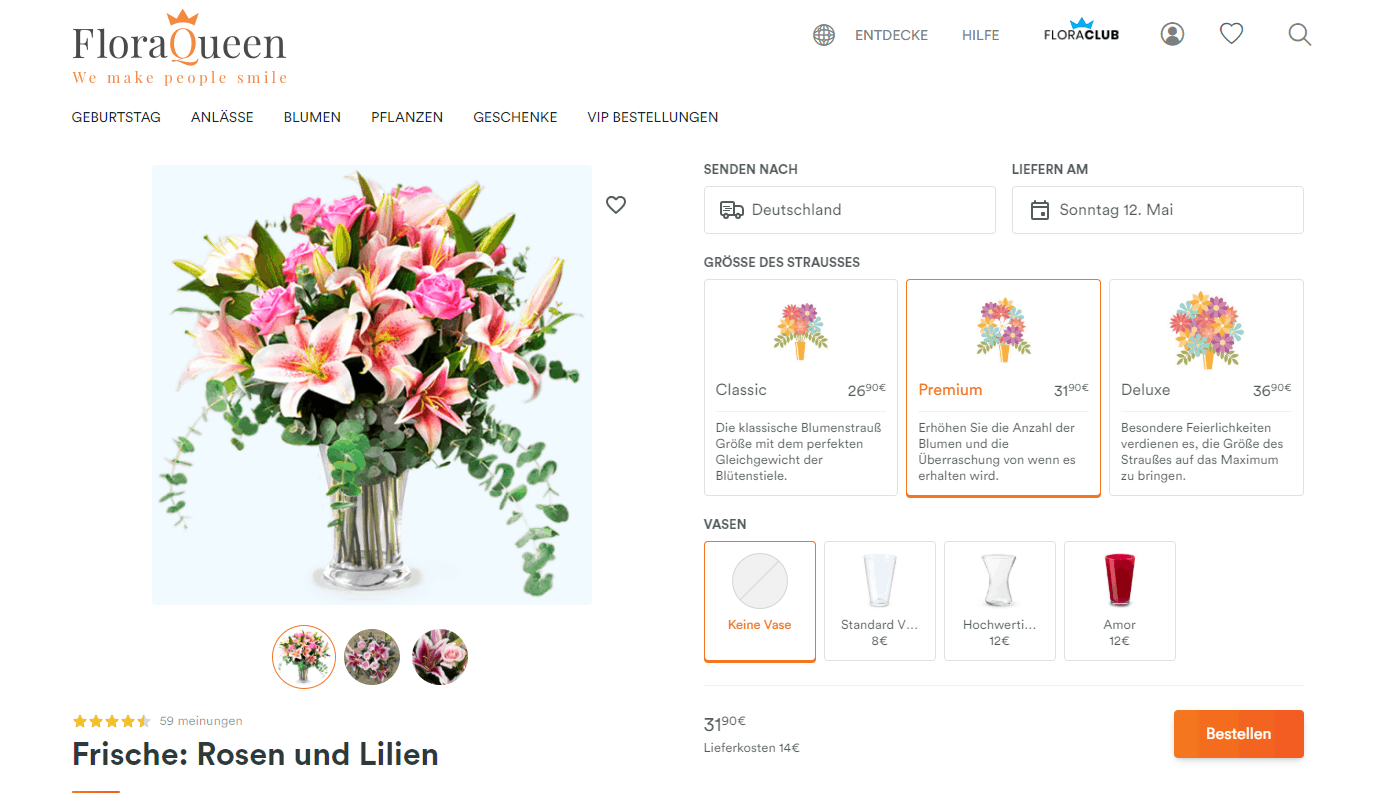 Blumen zum Muttertag – Beispielstrauß mit Größenoptionen auf der FloraQueen-Website