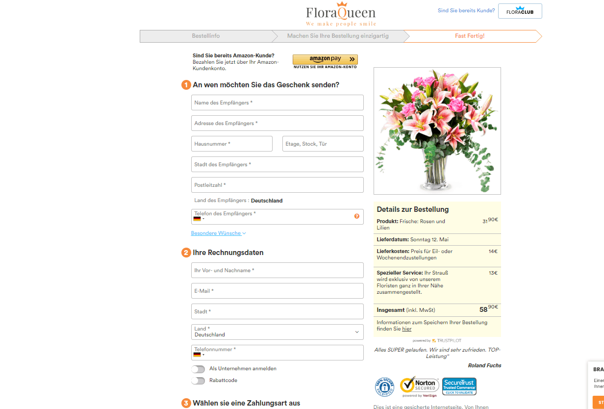 Blumen zum Muttertag – Website-Screenshot zeigt die Lieferoptionen und versteckte Kosten