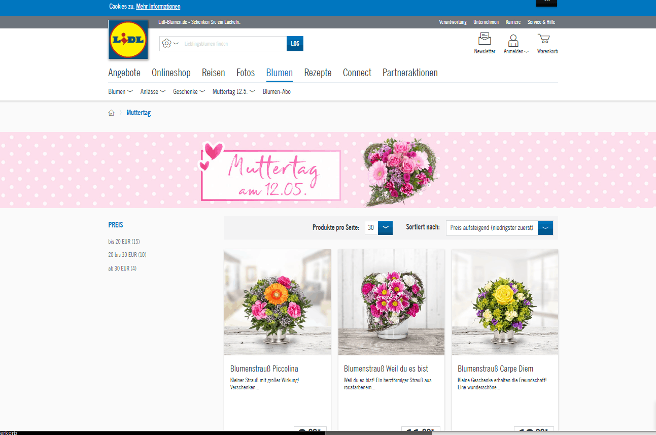 Blumen zum Muttertag – Angebotsübersicht auf der Lidl-Blumen-Website