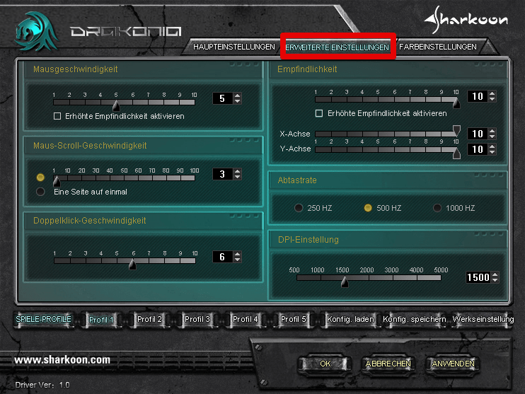 Sharkoon Drakonia Configurator erweiterte Einstellungen
