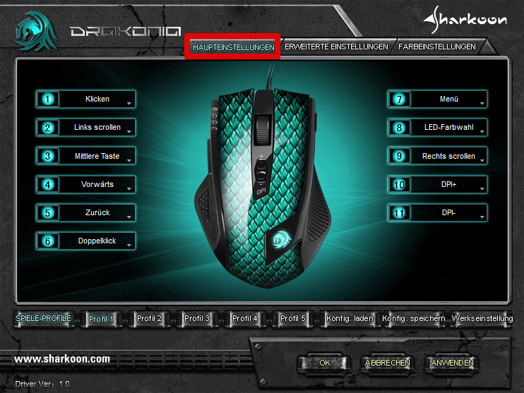 Sharkoon Drakonia Configurator Haupteinstellungen