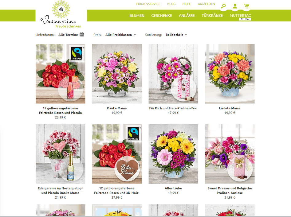 Blumen zum Muttertag – Angebotsübersicht auf der Valentins-Website