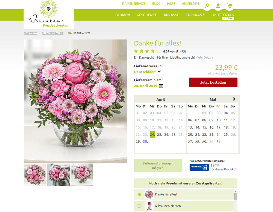 Blumen zum Muttertag – ein Beispielstrauß und Lieferoptionen auf der Valentins-Website