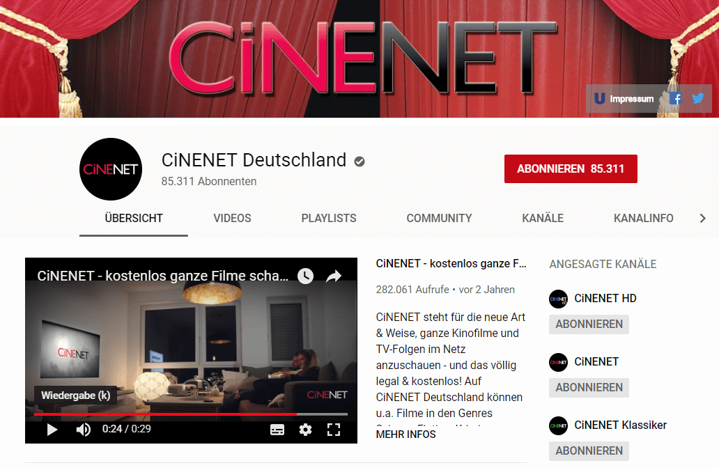 Screenshot des Cinenet-Channels auf YouTube