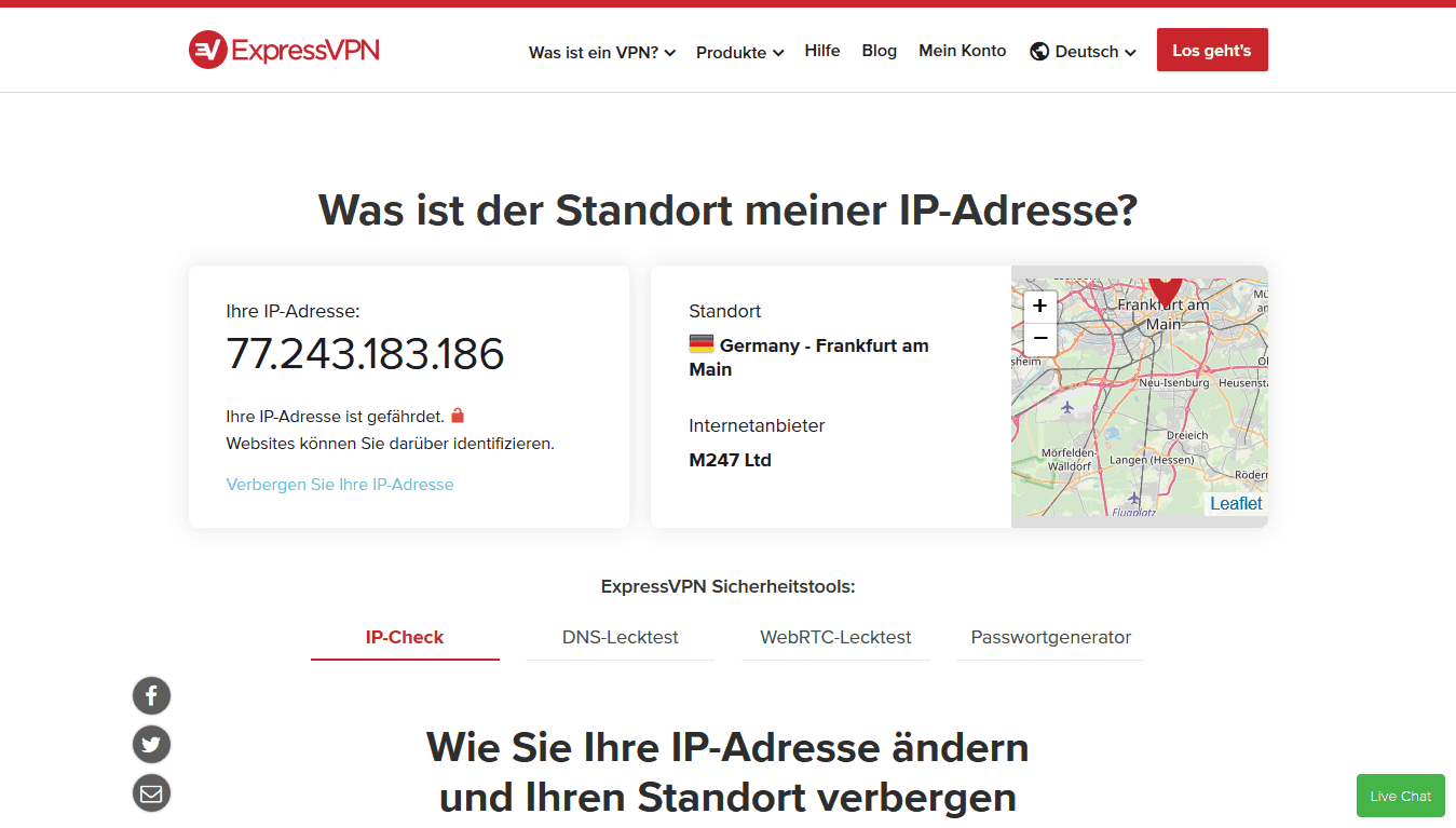 Screenshot, der die IP-Adresse zeigt, die von ExpressVPN ermittelt wurde