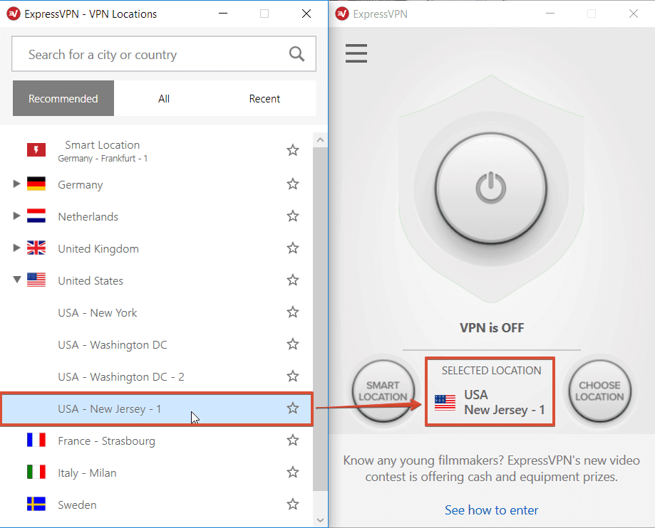 Screenshot, der die Server-Standorte von ExpressVPN zeigt, mit New Jersey ausgewählt