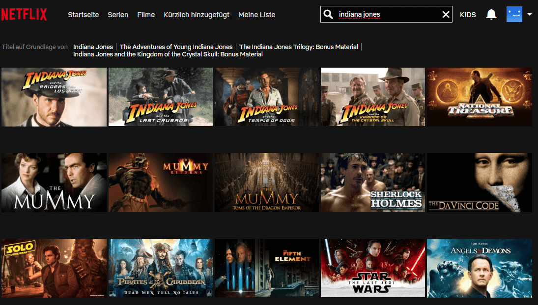 Screenshot, der das Suchergebnis auf Netflix USA zeigt – hier ist „Indiana Jones“ enthalten