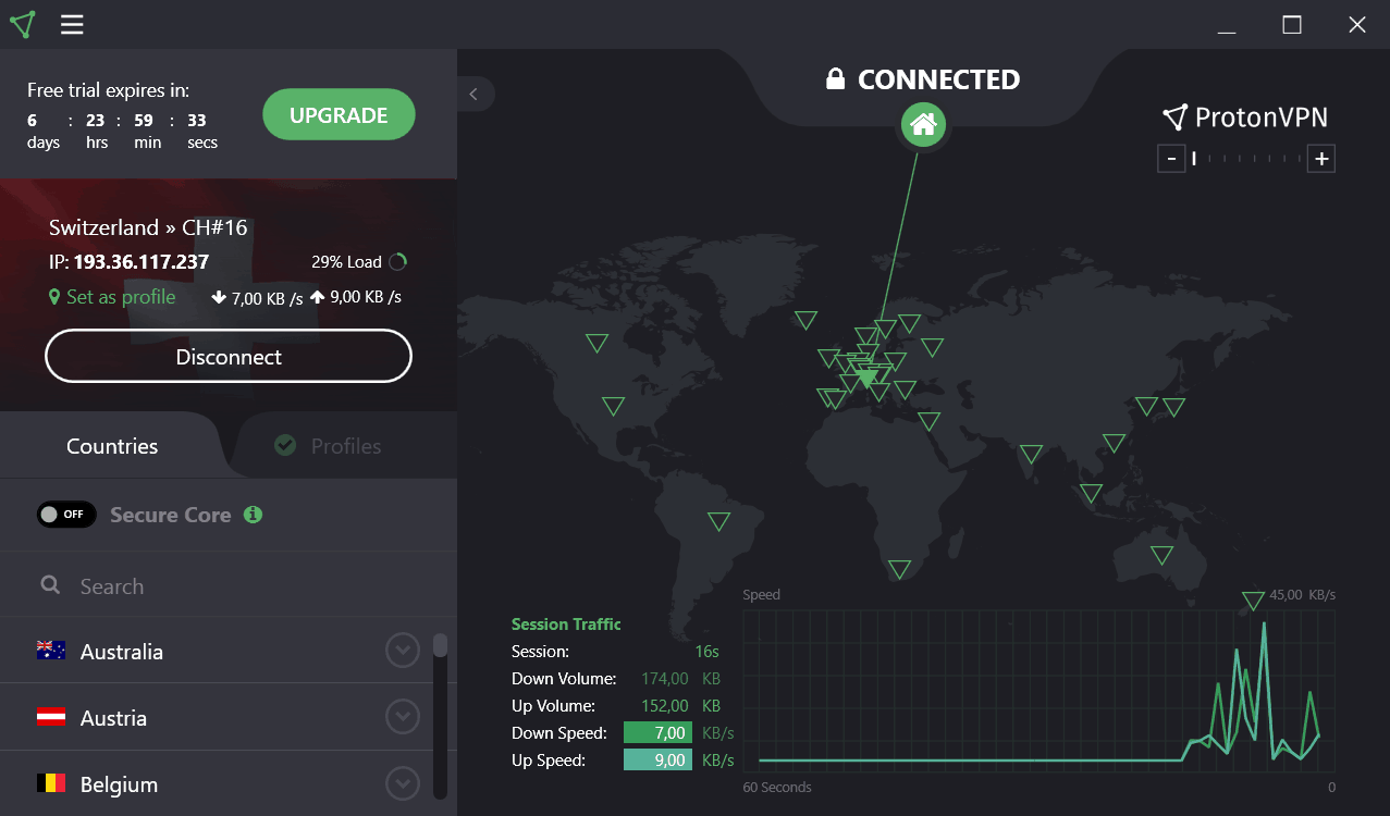 Screenshot, der die Standorte der ProtonVPN-Server zeigt