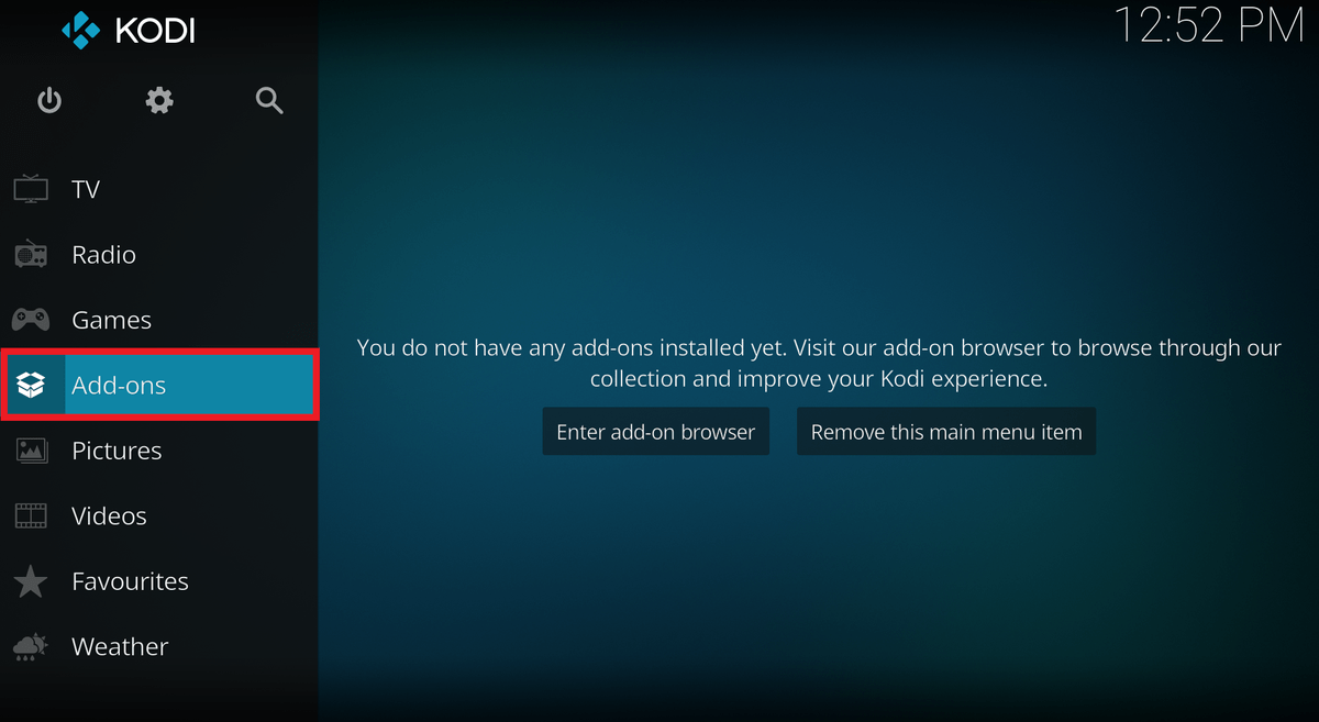 Kodi einrichten – Add-on-Menüpunkt