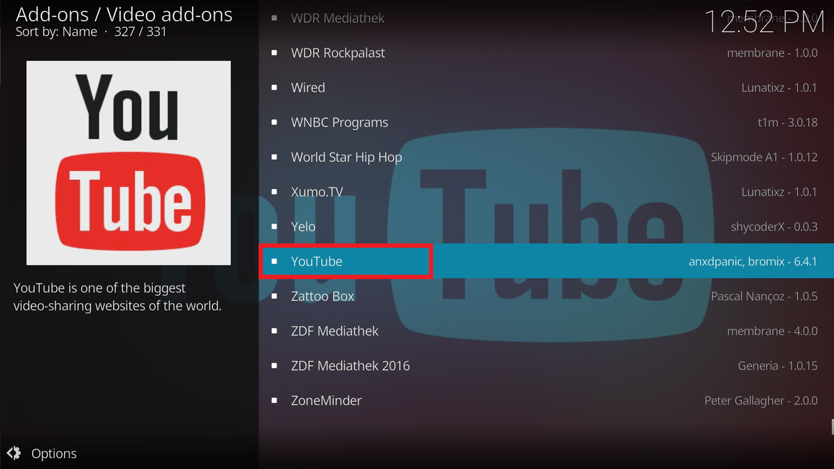Kodi einrichten – YouTube aus der Liste auswählen