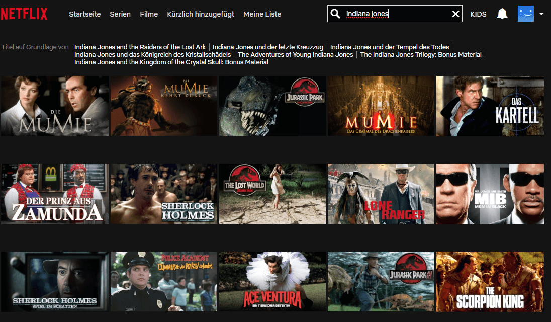 Screenshot der Netflix-Resultate nach der Suche nach dem Filmtitel „Indiana Jones“