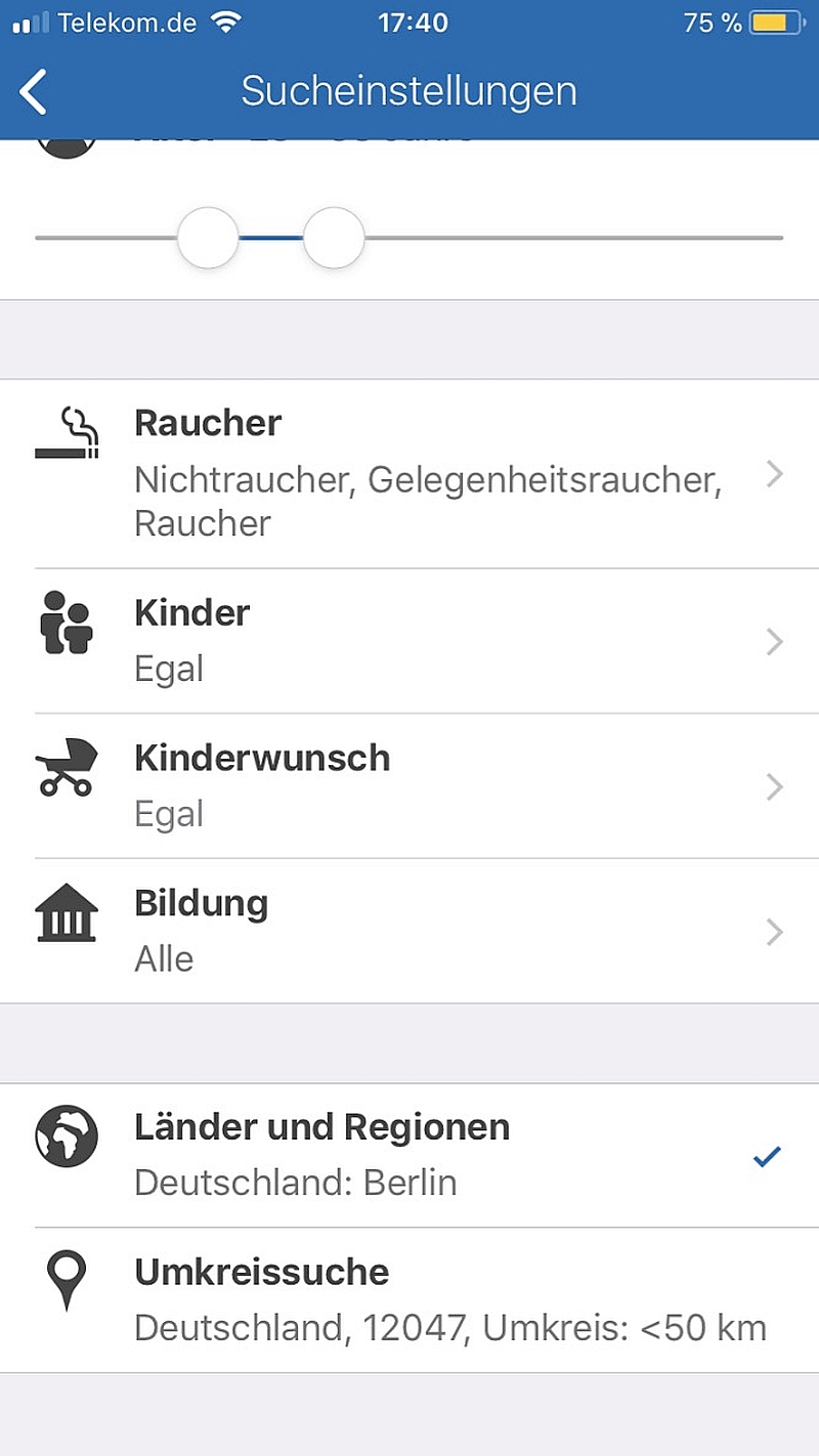 ElitePartner Sucheinstellungen