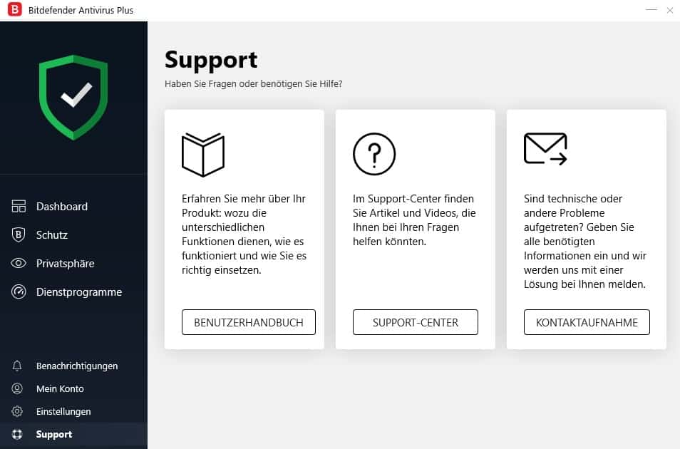 Bitdefender Antivirus Plus Test Programmoberflaeche Support