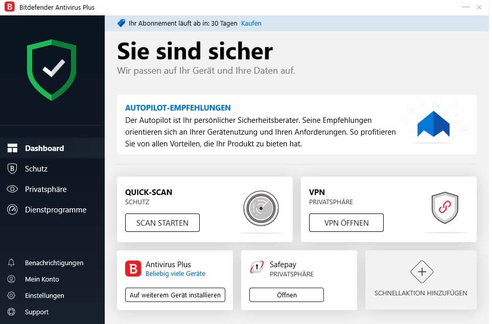 Bitdefender Antivirus Plus Test Programmoberflaeche
