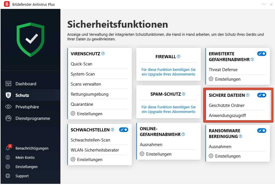 Screenshot des Bitdefender Antivirus Plus Programm, das die Optionen im Reiter „Schutz“ zeigt