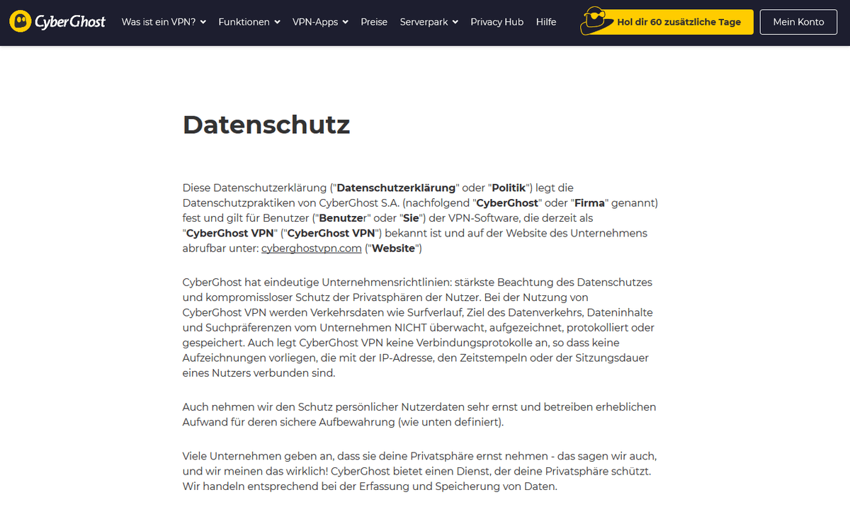 Screenshot mit einem Auszug aus den Datenschutzrichtilinien von CyberGhost