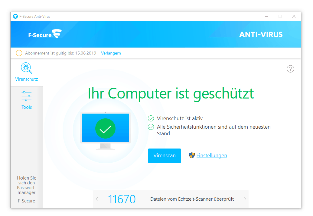 F-Secure Anti-Virus – Programmoberfläche