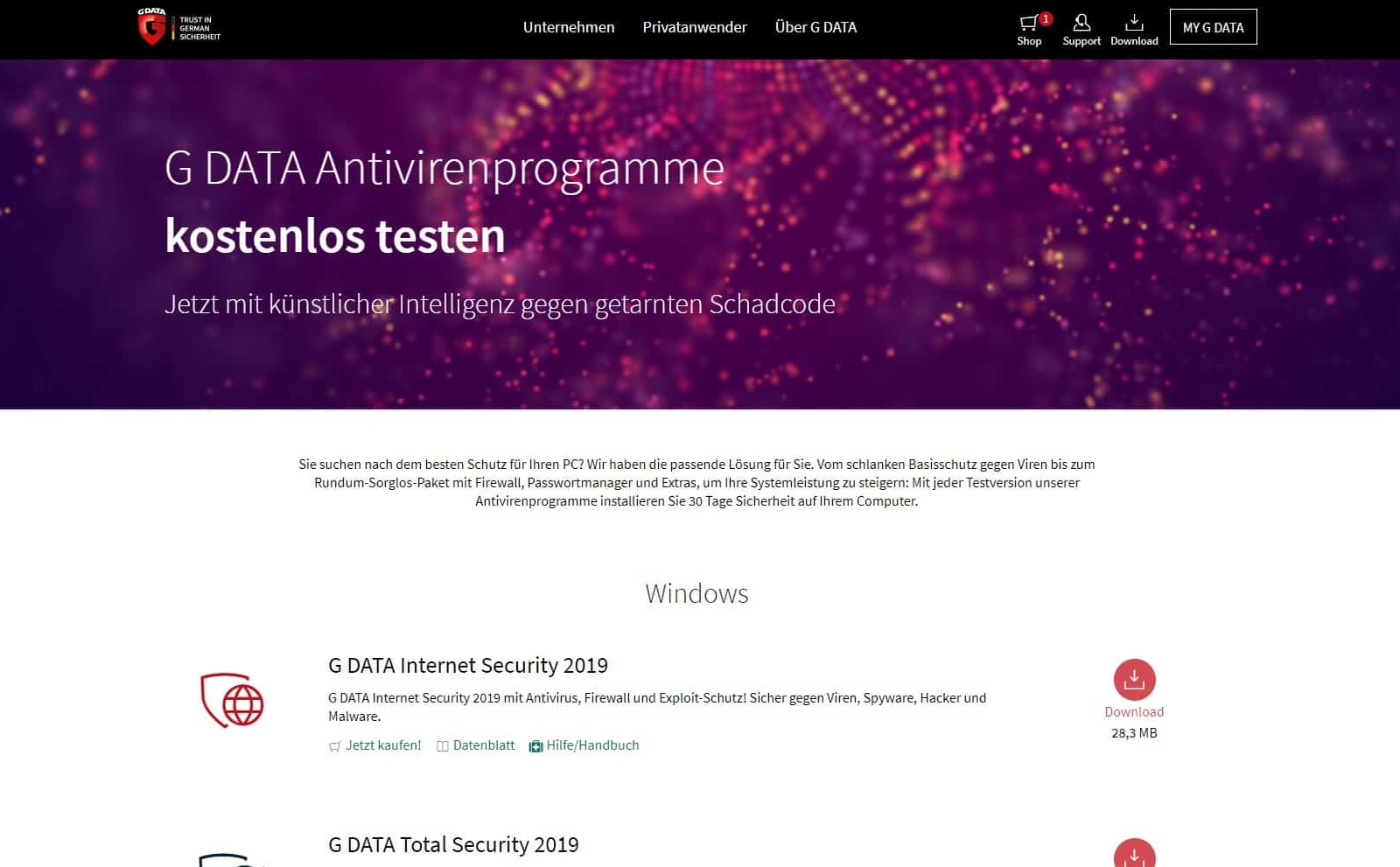 G Data Antivirus Test Downloadbereich