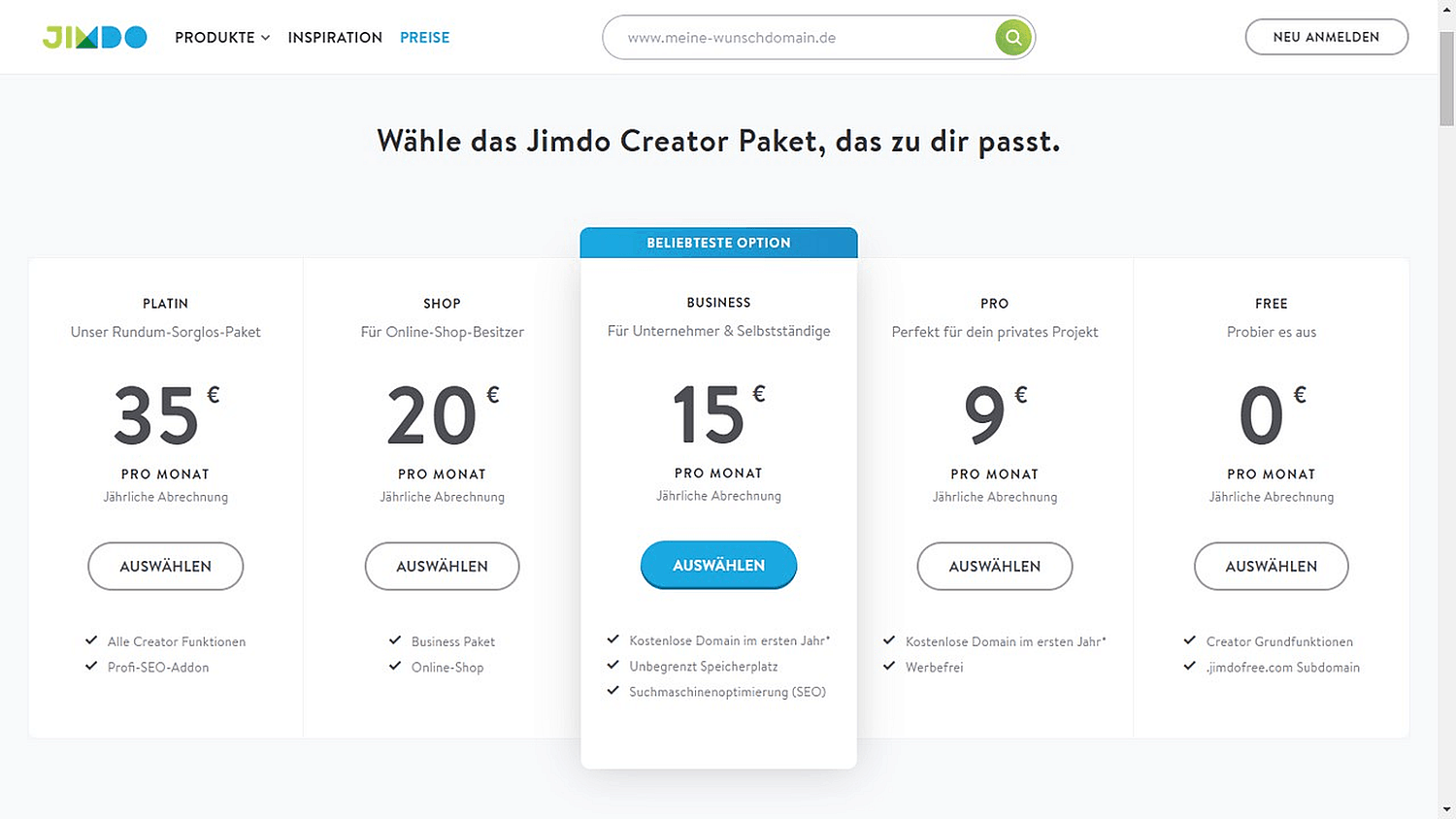 Jimdo Creator Tarif
