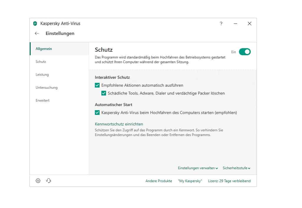 Kaspersky Antivirus Test Programmoberflaeche Einstellungen