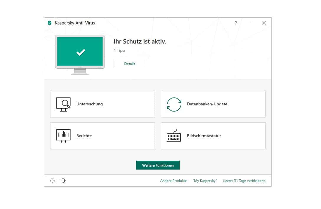 Kaspersky Antivirus Test Programmoberflaeche