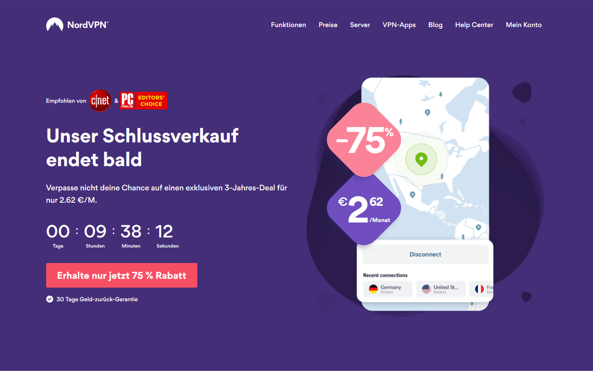 NordVPN - Screenshot der Homepage, Stand: August 2019