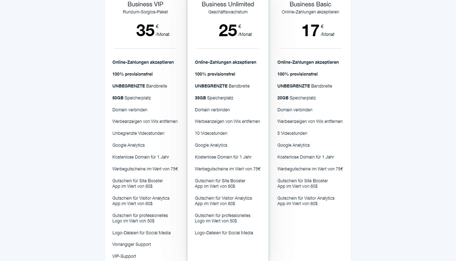 Wix Tarifübersicht Business