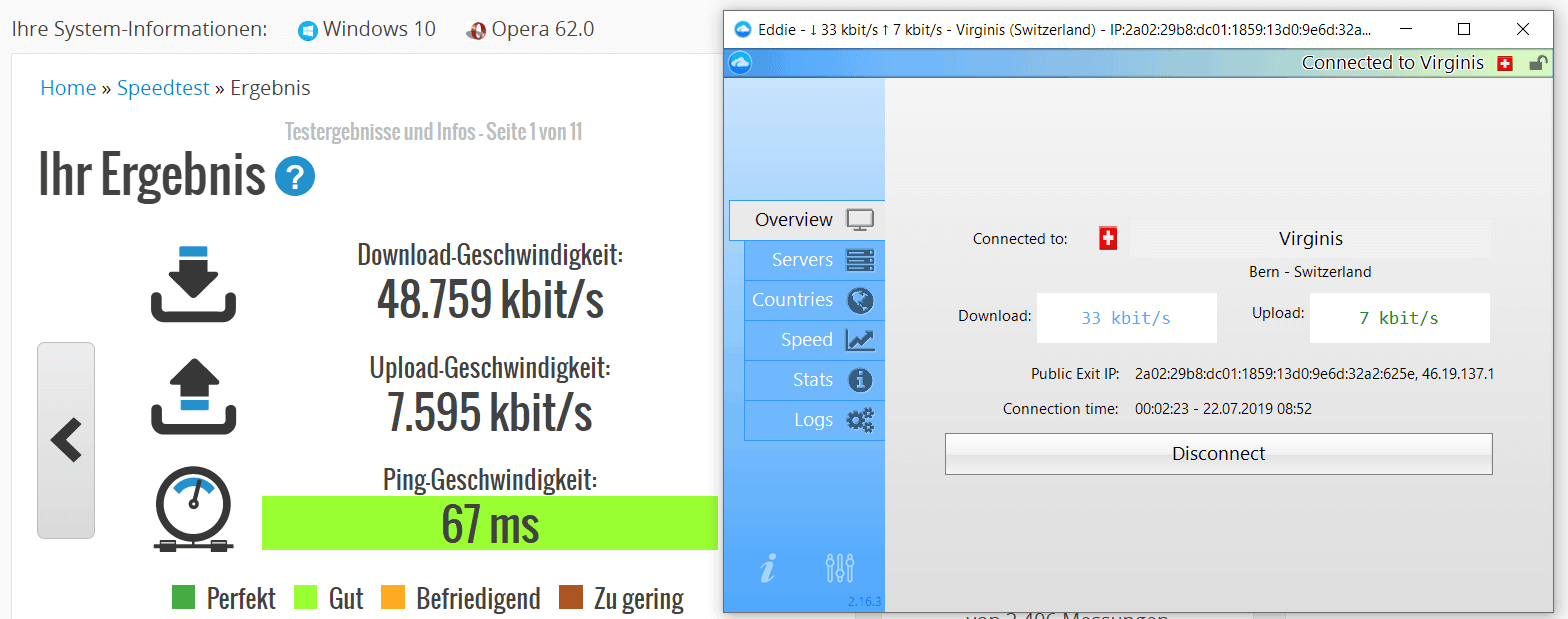 Schnellster VPN-Anbieter-Test Screenshot - Speedtest Schweiz mit AirVPN