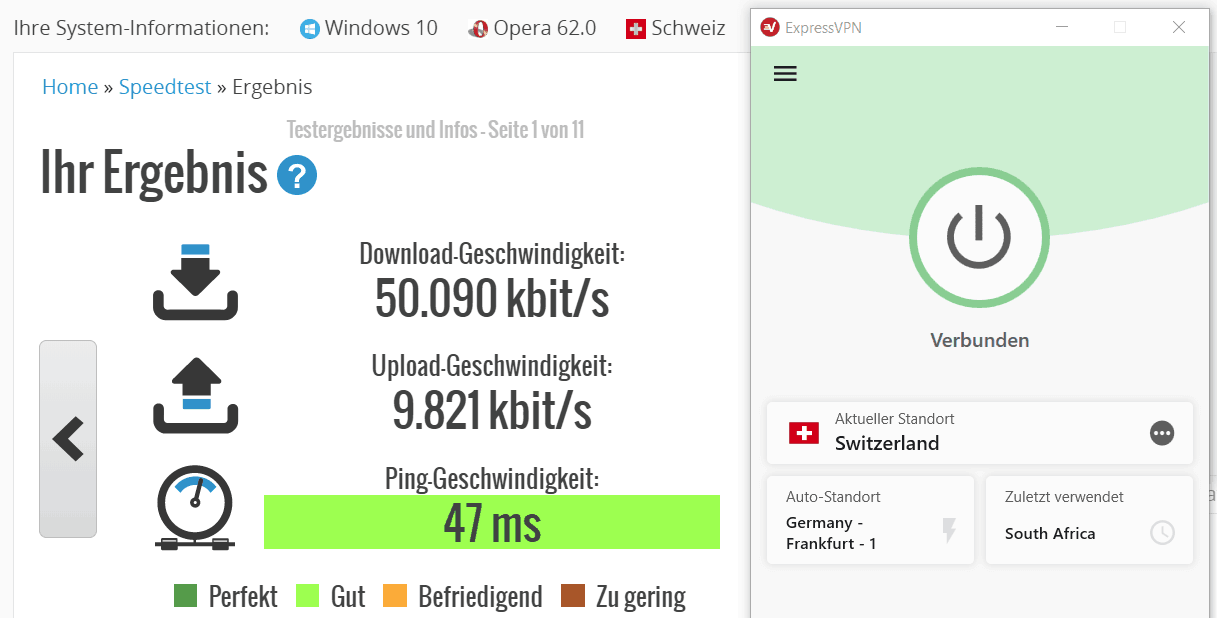 Schnellster VPN-Anbieter-Test Screenshot - Speedtest Schweiz mit ExpressVPN