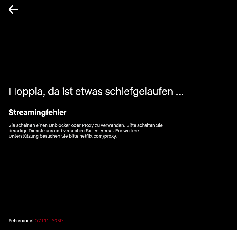 ProtonVPN Test - Netflix-Fehleranzeige wegen VPN-Sperre