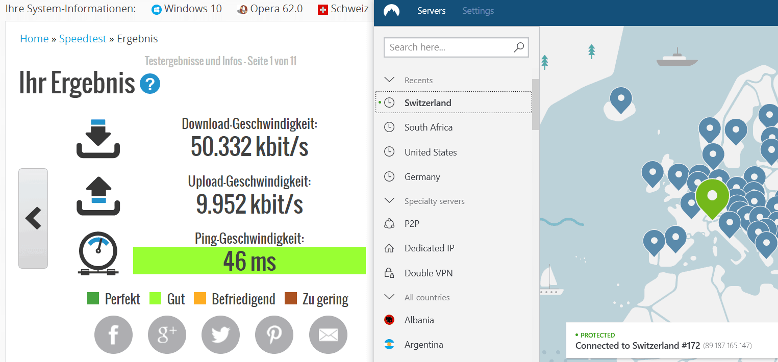 Schnellster VPN-Anbieter-Test Screenshot - Speedtest Schweiz mit NordVPN