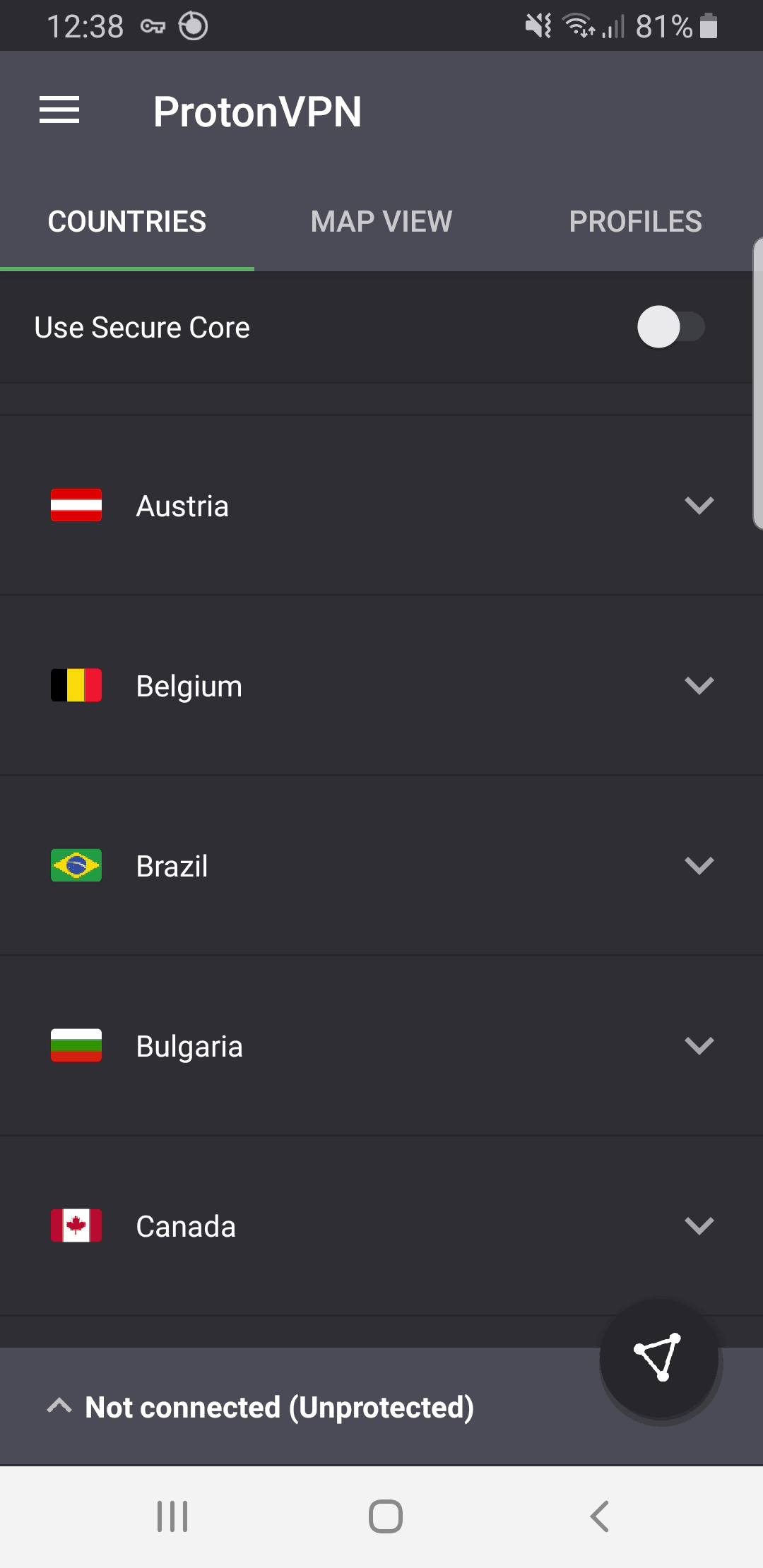 ProtonVPN Test - VPN-App zeigt Länderliste nach Start