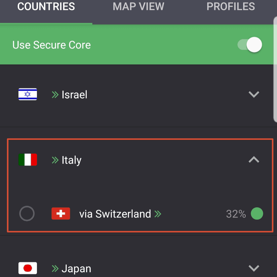 ProtonVPN Test - Länderliste mit Secure Core in der mobilen App