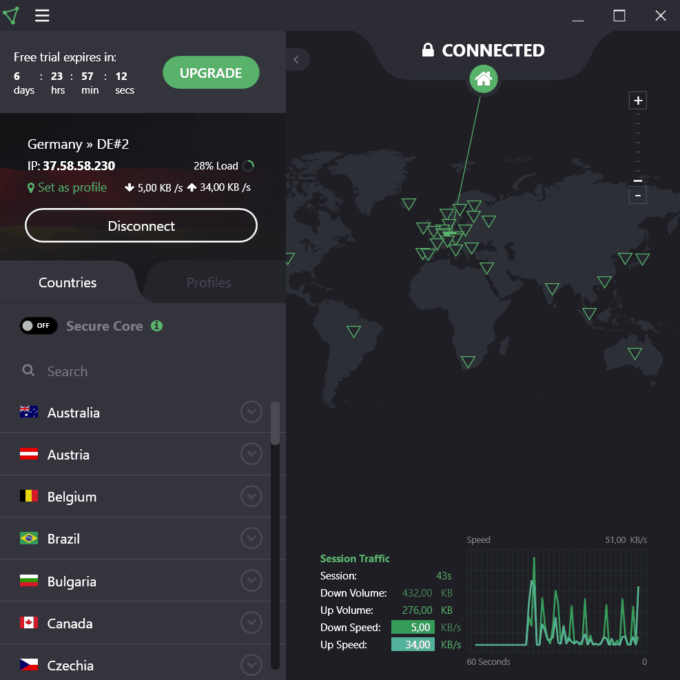 ProtonVPN Test - Quick-Connect-Option verbindet mit einem deutschen Server