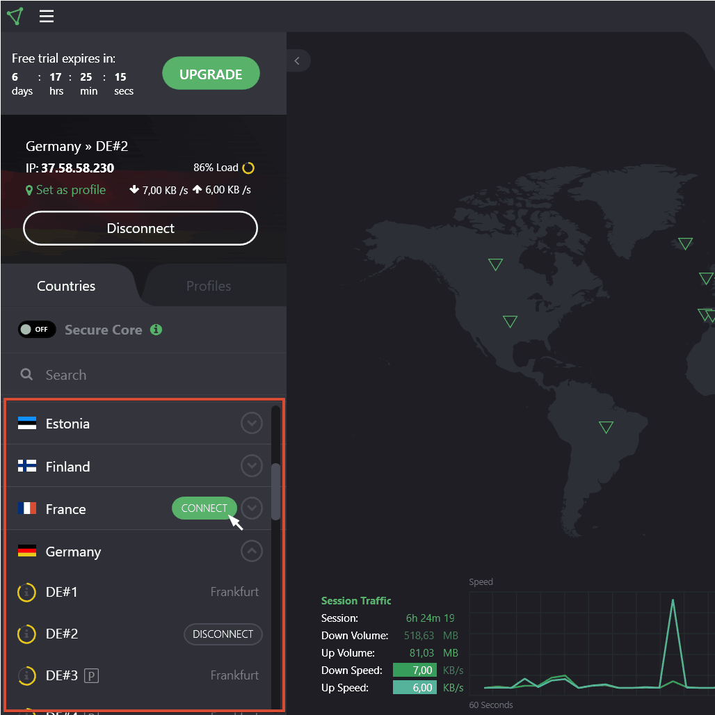 ProtonVPN Test - Ansicht der Länderauswahl