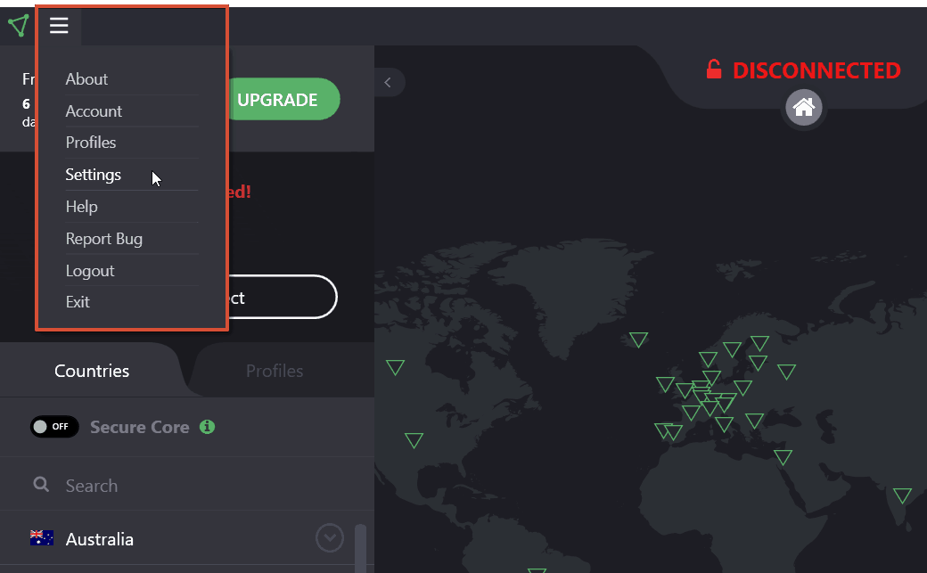 ProtonVPN Test - Menü und Einstellungen