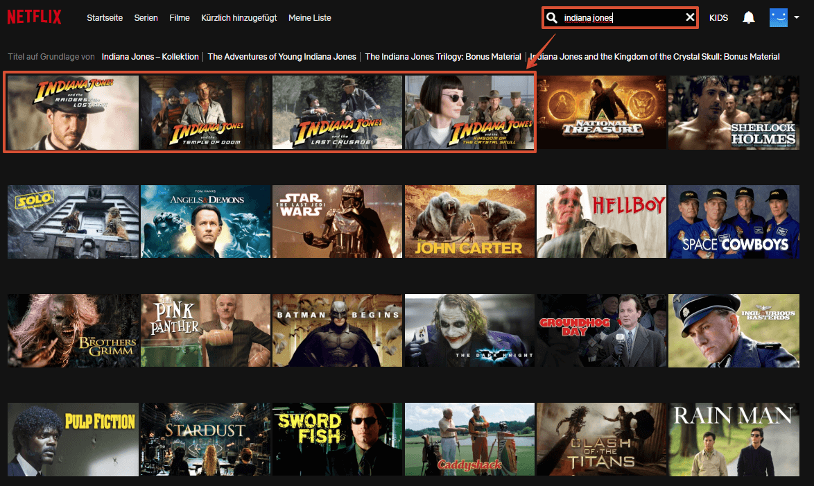 ProtonVPN Test - Nach Verbindung mit US-Server erfolgreiche Filme-Suche auf Netflix