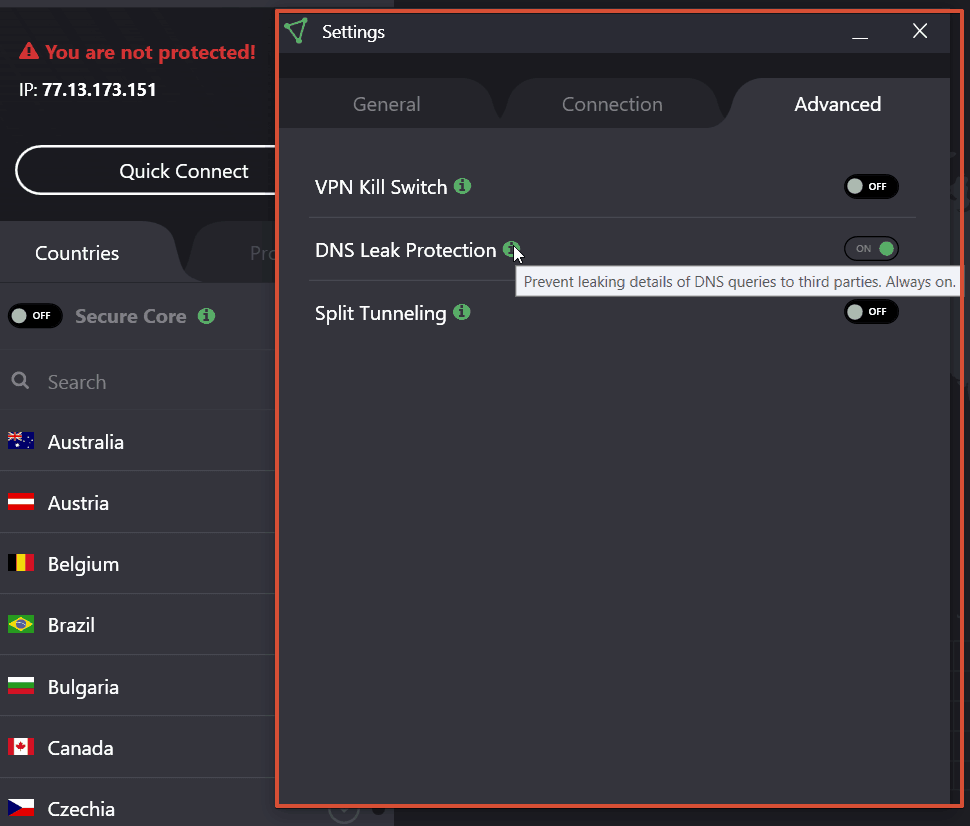 ProtonVPN Test - DNS-Leak-Protection in den Einstellungen kann nicht deaktiviert werden