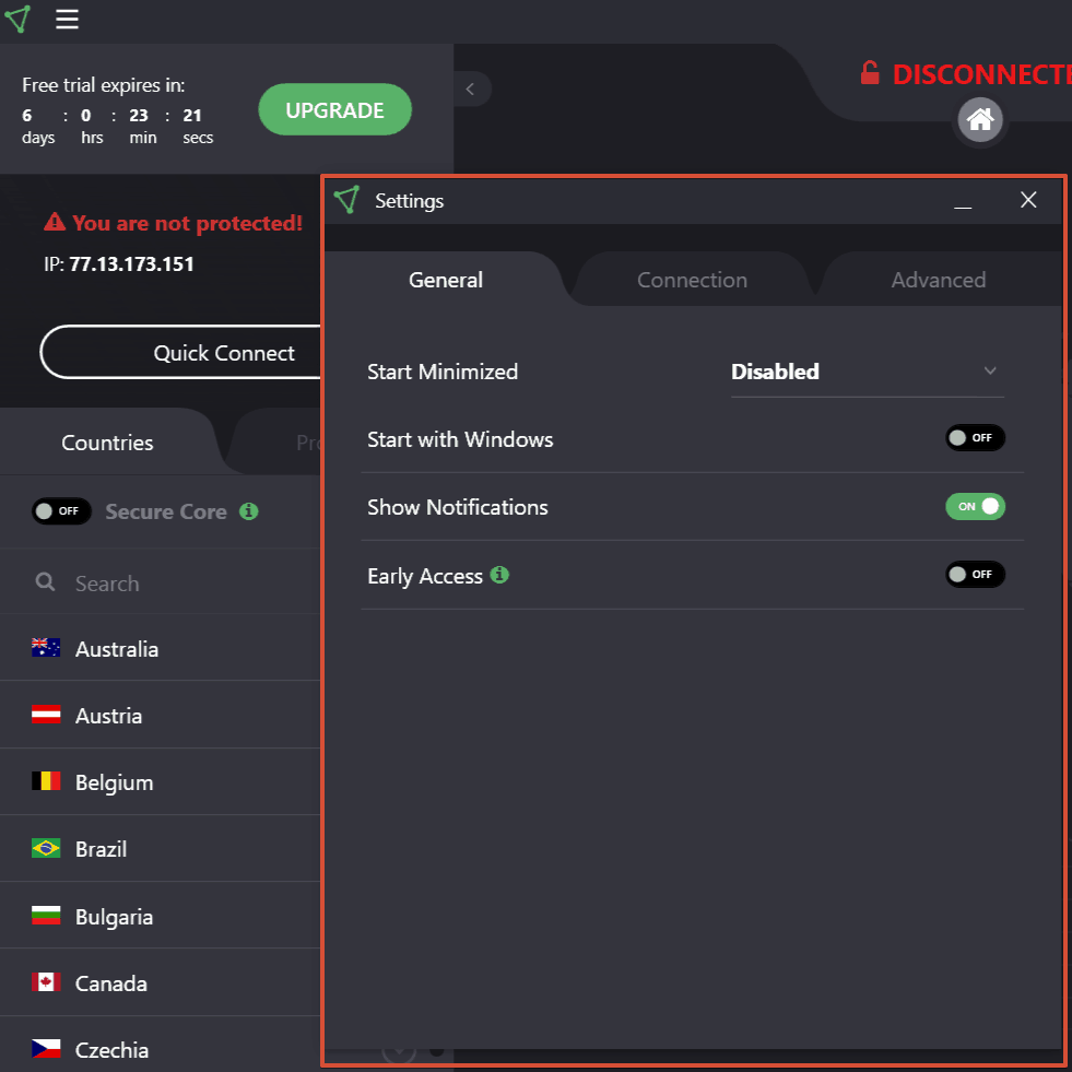 ProtonVPN Test - Einstellungsoptionen