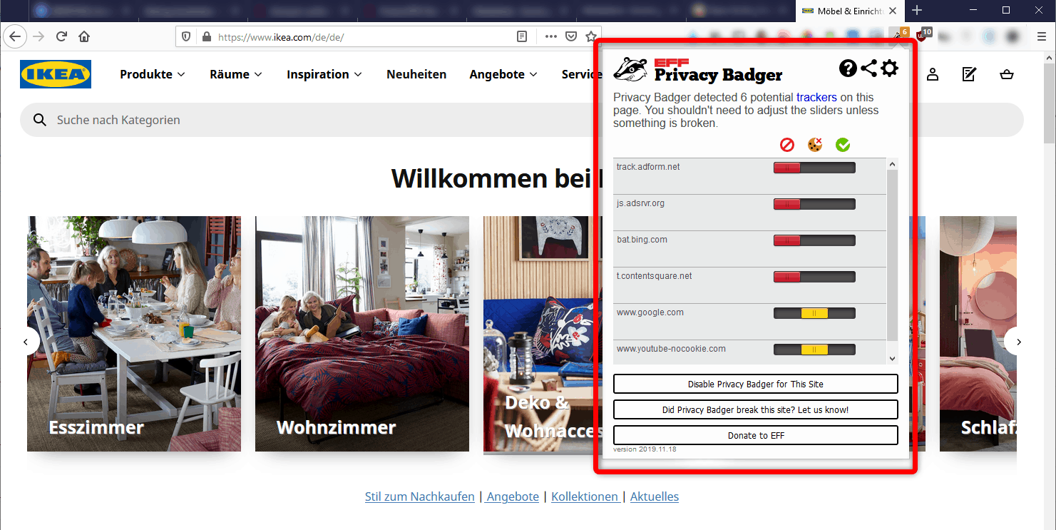Privacy Badger zeigt sechs Tracker auf der deutschen IKEA-Website