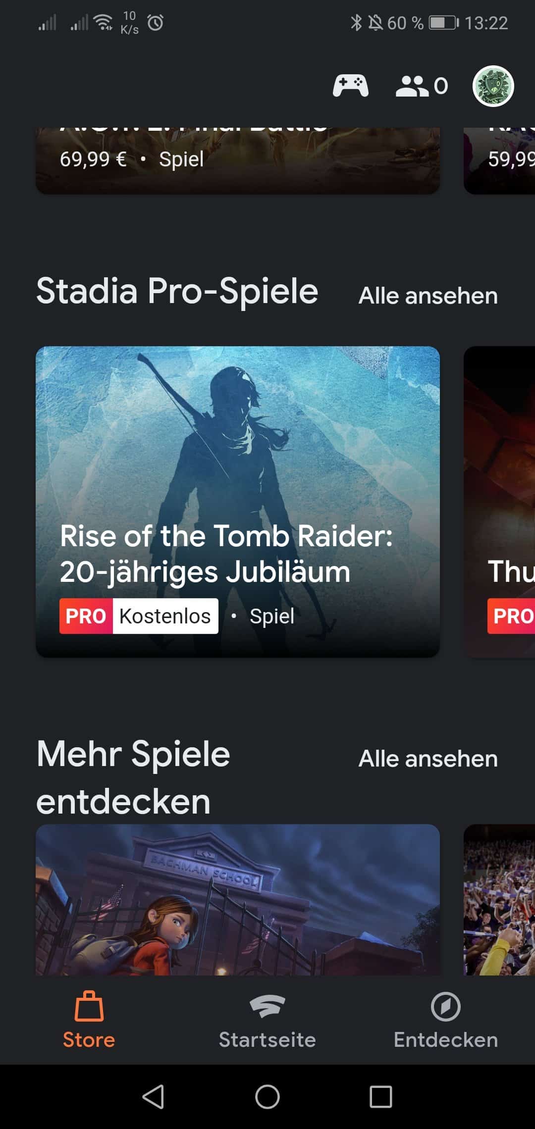 Google Stadia App Startseite