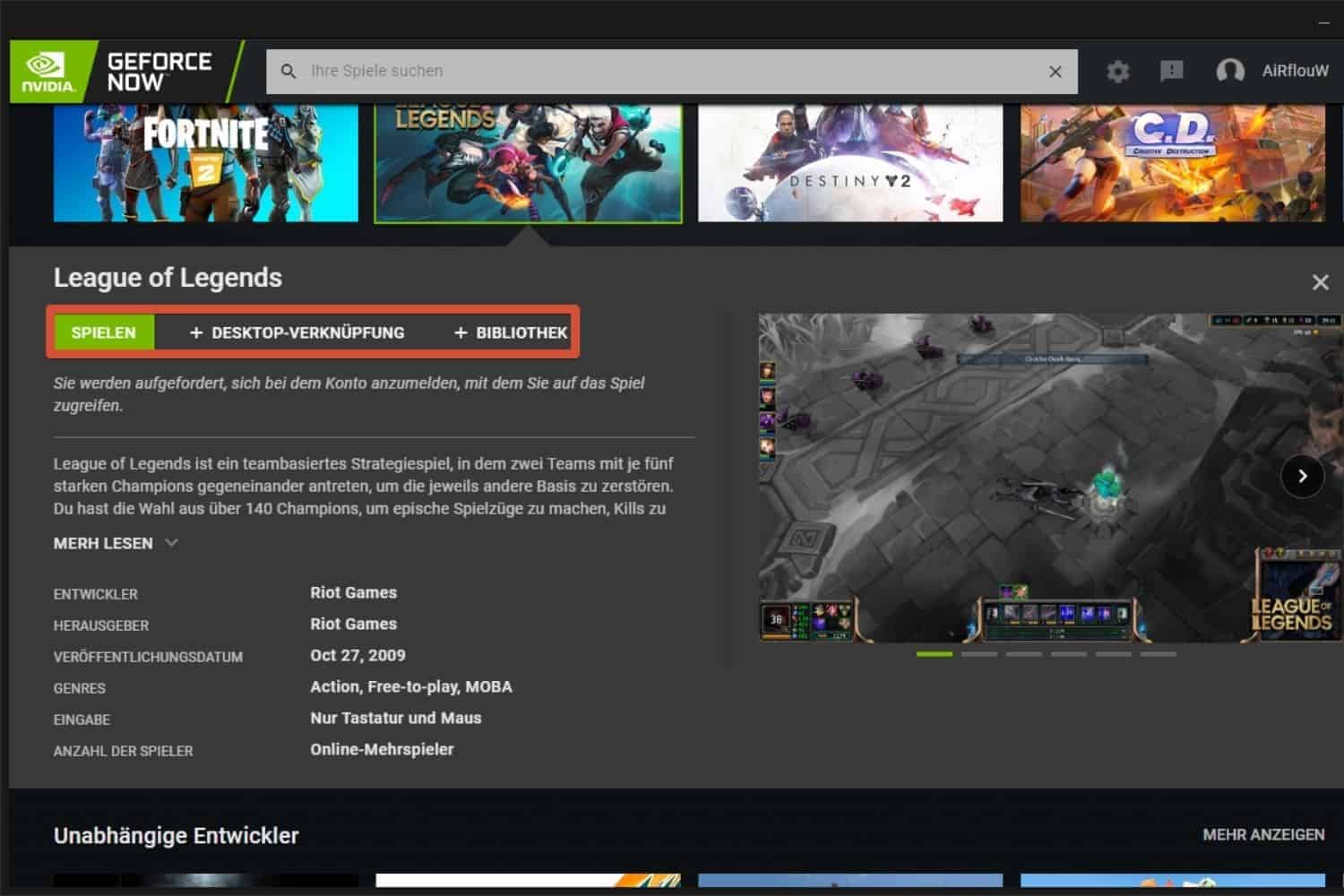NVIDIA GeForce Now Auswahl spielen Verknuepfung Bibliothek