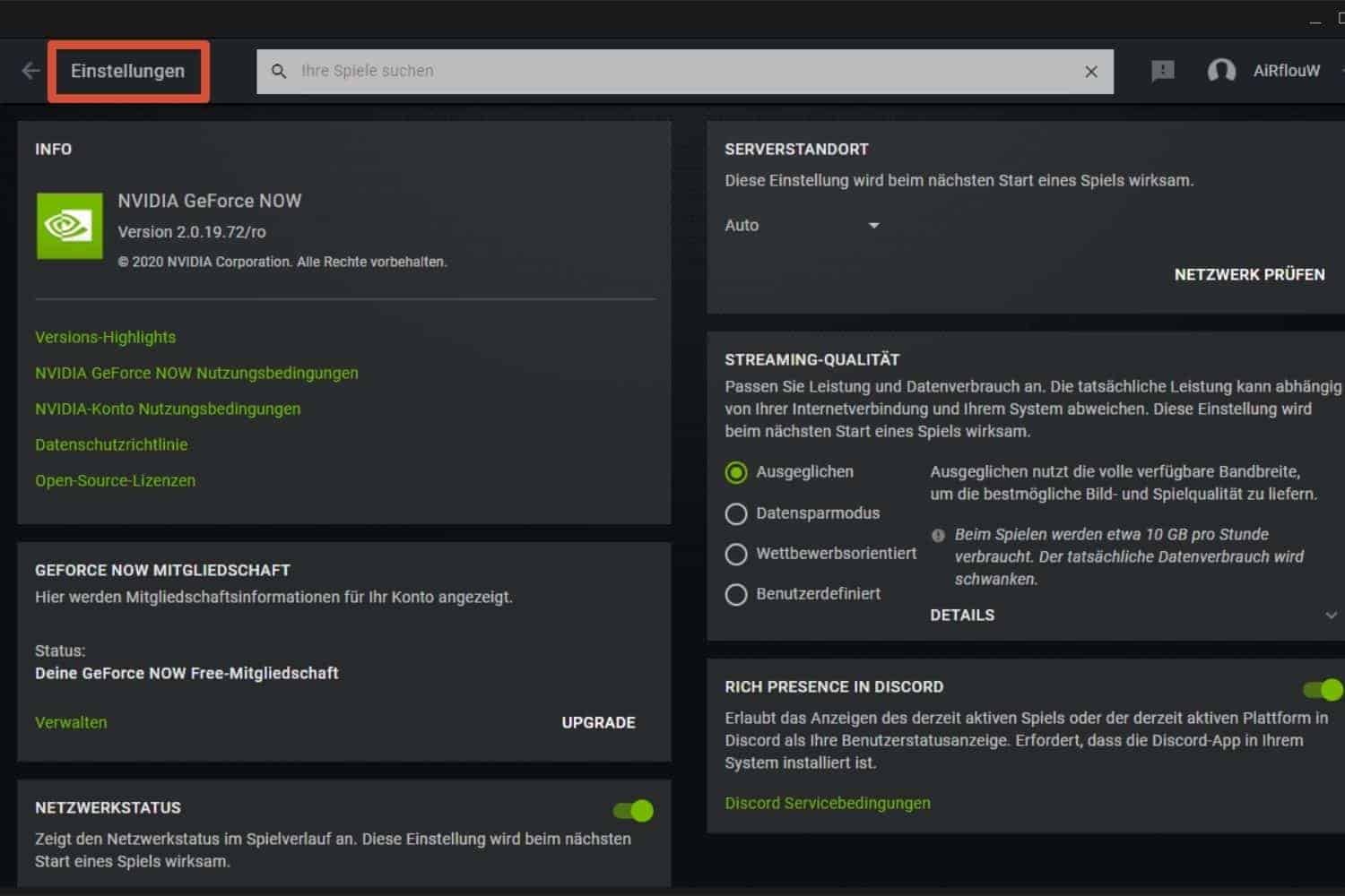 NVIDA GeForce Now Einstellungen