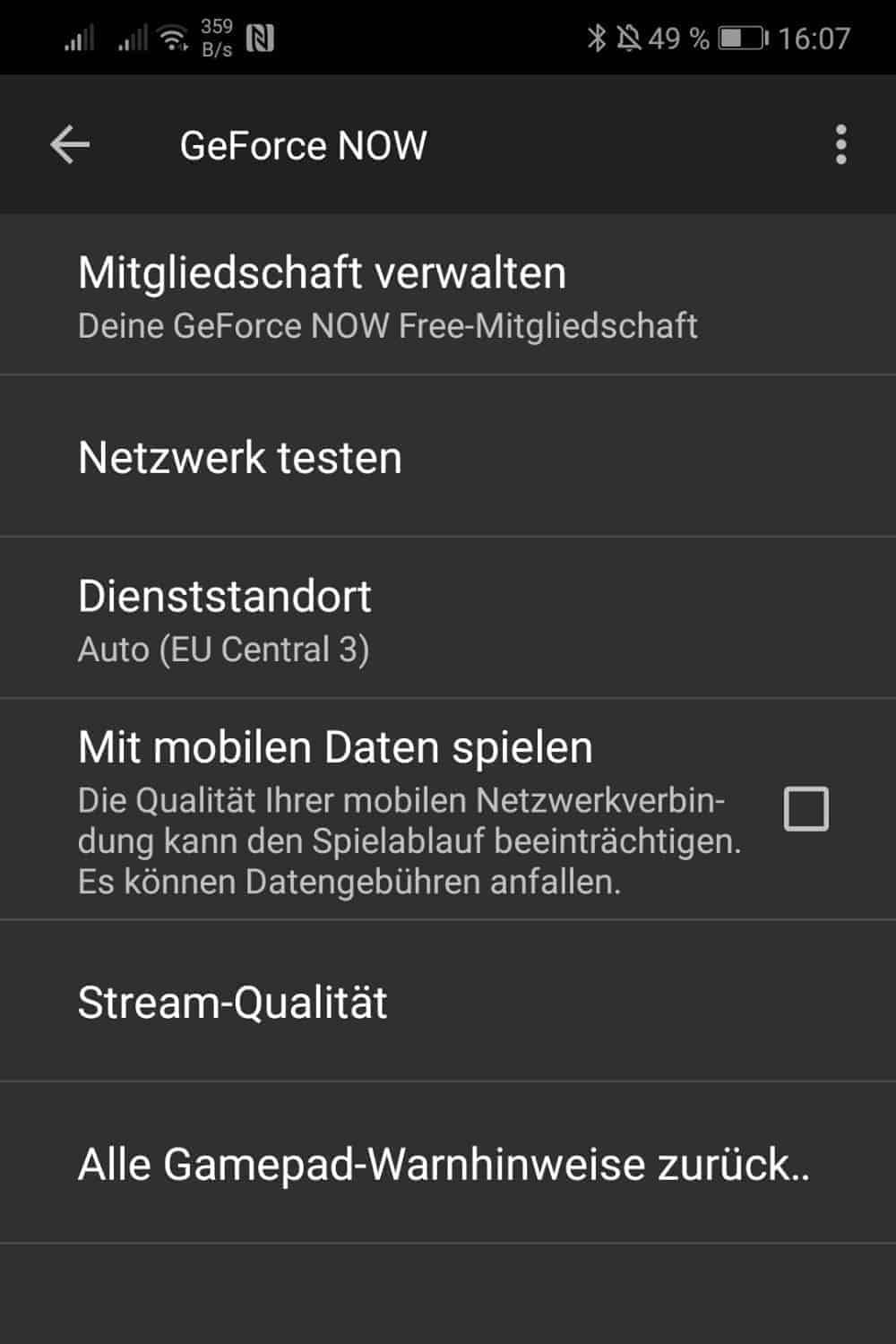NVIDIA GeForce Now mobile Einstellungen