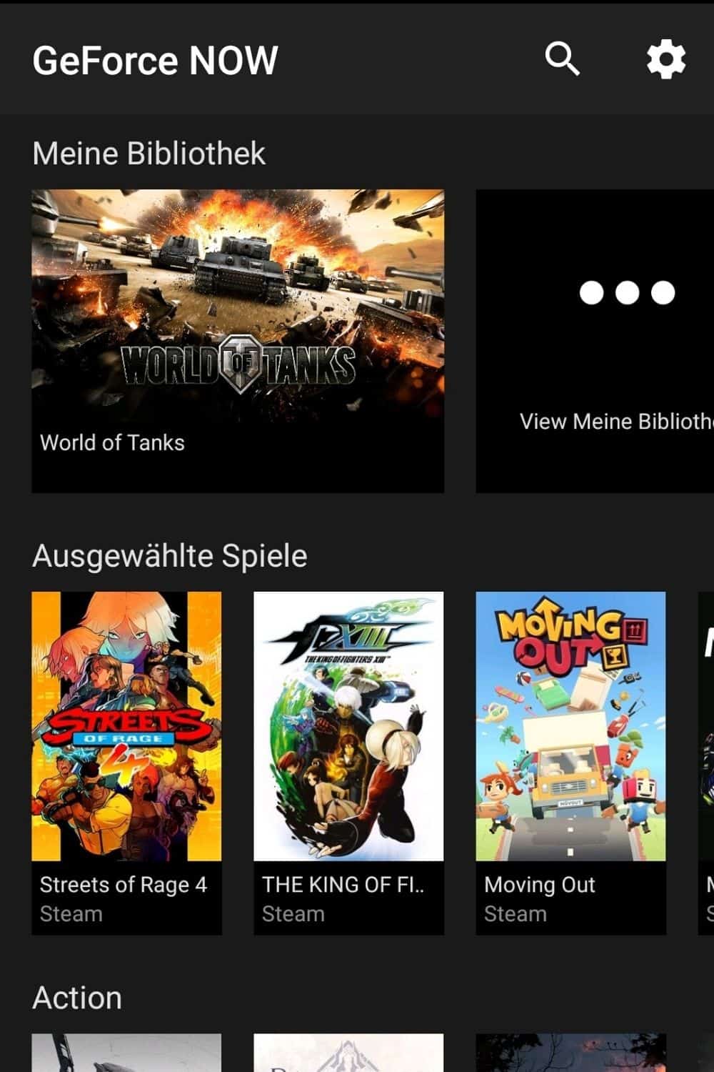 NVIDIA GeForce Now mobile Startseite